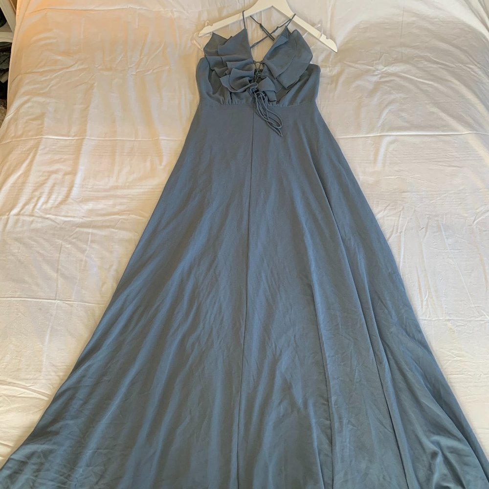 Lulu's Meredith Slate Blue Ruffle Lace-Up Maxi Dress